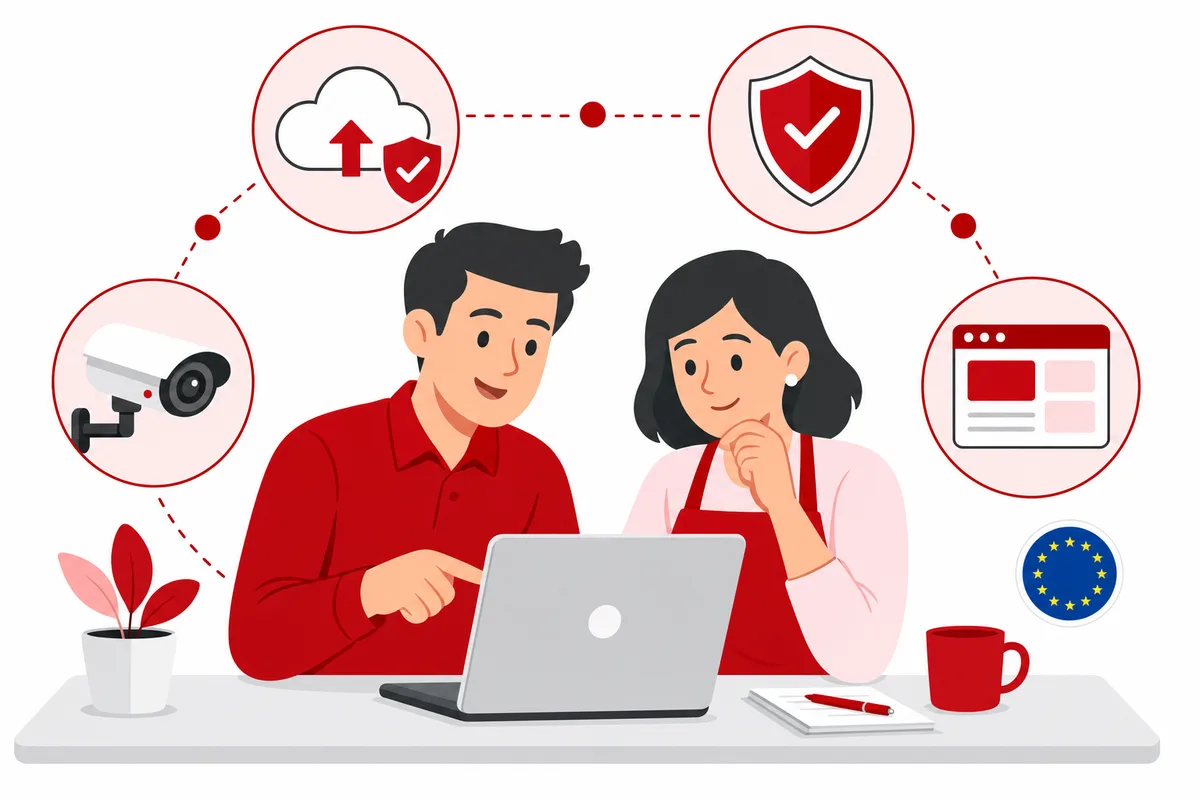 Técnico de Gormática ayudando a una clienta con copias de seguridad, antivirus, web y cámaras