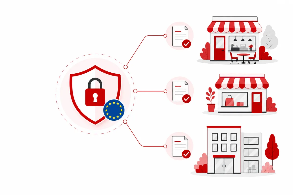 Escudo de protección de datos de la Unión Europea conectado a una cafetería, una tienda y una oficina