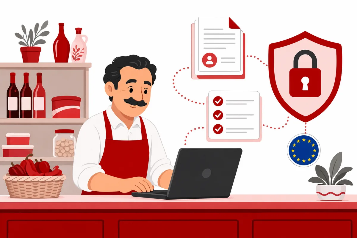Comerciante generando con su portátil la documentación de protección de datos del RGPD