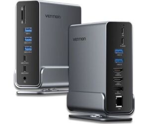 Docking USB Tipo-C Vention TPUH0/ 2xHDMI 4K/ 1xDisplayPort/ 3xUSB Tipo-C/ 5xUSB/ 1xRJ45/ 1xLector de Tarjetas/ 1xJack 3.5/ 1xUSB Tipo-C PD/ Gris