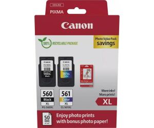 Cartucho de Tinta Original Canon PG-560XL + CL-561XL Multipack Alta Capacidad/ Negro/ Tricolor + Papel Fotográfico