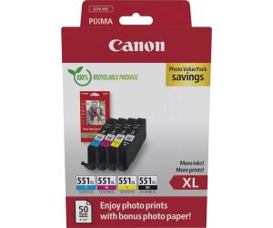 Multipack canon cli - 551xl b - c - m - y + 50 hojas papel fotografico