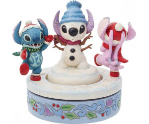 Figura decorativa enesco disney stitch y angel con muñeco de nieve rotativo
