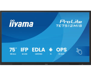 Monitor Interactivo Tactil Iiyama 75" (te7512mis-b4ag)3840x2160 / Ips Led 4k Uhd / 24/7 / 8/64gb / 400 Cd/m / 8ms / 1200:1 / 1 Vga - 3 Hdmi / 1 Usb-c / 5xusb / Audio Out / Wifi / Mm / 2 Rj45 / Ops Slot/ Android 11
