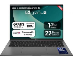 Portátil LG Gram 16ZD90T-G.AX78B Intel Core Ultra 7-255H/ 16GB/ 1TB SSD/ 16"/ Sin Sistema Operativo