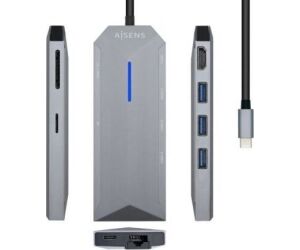 Docking USB Tipo-C Aisens ASUC-8P004-GR/ 1xHDMI 4K/ 3xUSB/ 1xRJ45/ 1xLector Tarjetas / 1xUSB Tipo-C PD/ Gris