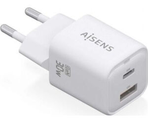 Cargador de Pared GaN Aisens ASCH-30W2P020-W/ 1xUSB Tipo-C/ 1xUSB/ 30W