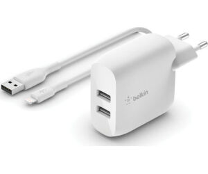 Cargador belkin wcd001vf1mwh 24w 2x usb tpo a + cable lightning a usb tipo a 1m