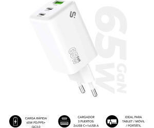 CARGADOR PARED/VIAJE 2xUSB-C +USB-A GaN 65W PD BLANCO SUBBLIM