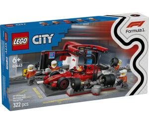 Lego city formula 1 parada en boxes y equipo de mecánicos con coche ferrari