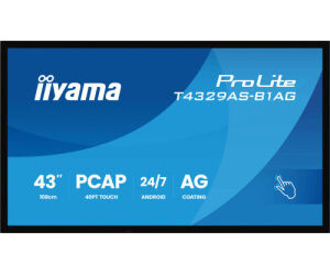 MONITOR IIYAMA 43" ALL-IN-ONE PCAP INTERACTIVE/ ANDROID 14 OS/ 3840 x 2160/ 450CD/MÂ² WITH TOUCH/ HDMI X2 + USB-C/RS-232C X1/ WiFi 5 - 2.4G / 5G/ RAM: 4GB, ROM: 32GB/ TOUCH THROUGH-GLASS (T4329AS-B1AG)