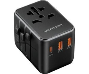 CARGADOR PARED UNIVERSAL TOMA DE CORRIENTE/USB-C/2xUSB-A 65W NEGRO VENTION