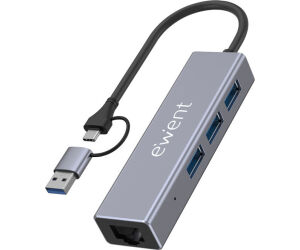 Ewent Hub 3 Puertos Usb-a 3.1 + 1 Puerto Gigabit, Compatible Usb-c