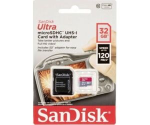 Tarjeta de Memoria SanDisk Ultra 32GB microSD HC UHS-I con Adaptador/ Clase 10/ 120MBs