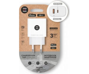 Cargador de Pared GaN Tech One Tech GaN TEC2270/ 1xUSB Tipo-C/ 1xUSB/ 65W/ Blanco
