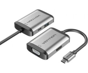 Conversor Vention TFAHB/ 1xUSB/ 1xHDMI/ 1xVGA/ 1xUSB Tipo-C PD/ Gris