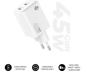 CARGADOR PARED/VIAJE 2xUSB-C GaN 45W PD BLANCO SUBBLIM