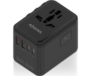 Cargador de Pared Universal GaN para Viaje Aisens ASPS-2A2C08-BK/ Toma de Corriente Universal/ 2xUSB Tipo-C/ 2xUSB/ 25W