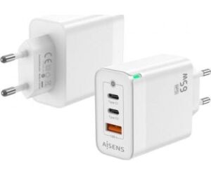 Cargador de Pared GaN Aisens ASCH-65W3P007-W/ 2xUSB Tipo-C/ 1x USB/ 65W