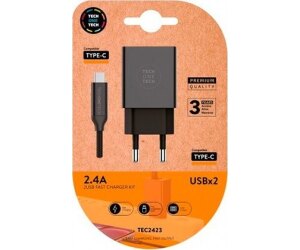 Cargador de Pared Tech One Tech TEC2423/ 2xUSB + Cable USB Tipo-C/ 12W/ Negro