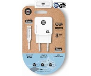Cargador de Pared Tech One Tech TEC2222/ 1xUSB Tipo-C + Cable Lightning/ 20W/ Blanco