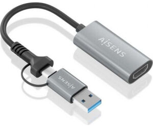 Conversor HDMI Aisens A109-0913/ USB + USB Tipo-C 3.1 Macho - HDMI Macho/ 15cm/ Gris