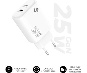 Cargador de Pared GaN Subblim 25W Charger USB C+C/ 2xUSB Tipo-C/ 25W
