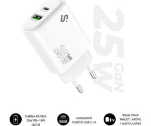 CARGADOR PARED/VIAJE USB-C + USB-A GaN 25W PD BLANCO SUBBLIM