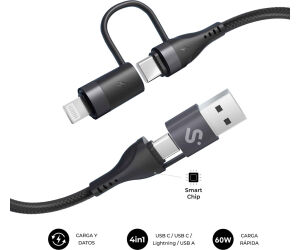CABLE TOP 4 EN 1 60W USB-A/2xUSB-C/LIGHTNING 1 M NEGRO SUBBLIM