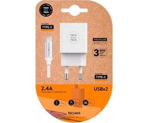 Cargador de Pared Tech One Tech TEC2403/ 2xUSB + Cable USB Tipo-C/ 12W/ Blanco