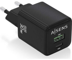 Cargador Aisens Gan 30w 1xusb-c Pd3.0 Qc4.0 1xusb-a Qc3.0 Negro