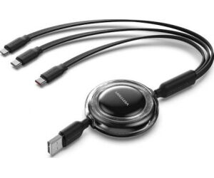 Cable USB Retráctil Vention TRJBBE/ USB Macho - Lightning/ 2xUSB Tipo-C/ Hasta 17.5W/ 10Gbps/ 1.1m/ Negro