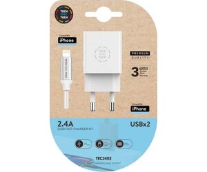 Cargador de Pared Tech One Tech TEC2402/ 2xUSB + Cable Lightning/ 12W/ Blanco