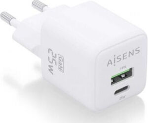 Cargador de Pared GaN Aisens ASCH-25W2P014-W/ 1xUSB Tipo-C/ 1xUSB/ 25W