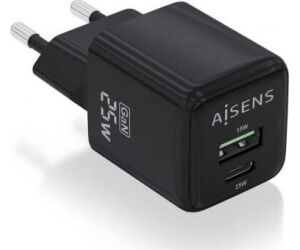 Cargador de Pared GaN Aisens ASCH-25W2P015-BK/ 1xUSB Tipo-C/ 1xUSB/ 25W