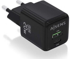 Cargador de Pared GaN Aisens ASCH-20W2P011-BK/ 1xUSB Tipo-C/ 1xUSB/ 20W