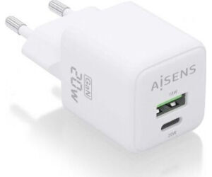 Cargador de Pared GaN Aisens ASCH-20W2P010-W/ 1xUSB Tipo-C/ 1xUSB/ 20W