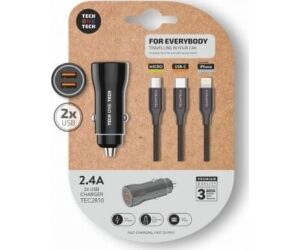 Cargador de Coche Tech One Tech TEC2810/ 2xUSB + Cable 3 en 1/ 12W