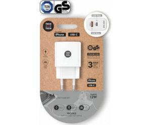 Cargador de Pared Tech One Tech TEC2412/ 1xUSB Tipo-C/ 1xUSB/ 12W/ Blanco
