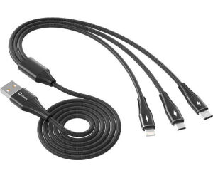 Cable triple qcharx napoli usb a lightning + tipo c + micro  3a - 1.2 m - aleación de aluminio negro cordon suave