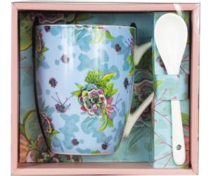 Taza de cerámica con cuchara enesco flores