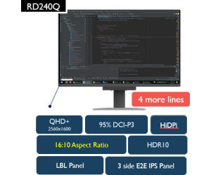Monitor Para Programacion Benq Rd240q  24.1" Ips Wqxga ,2560 X 1600, 95% P3, Antideslumbramiento, Usb-c Pd90w., 16:10 Hdr10