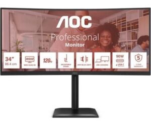 Monitor Profesional Ultrapanorámico Curvo AOC CU34E4CV 34"/ WQHD/ Multimedia/ Regulable en altura/ Negro