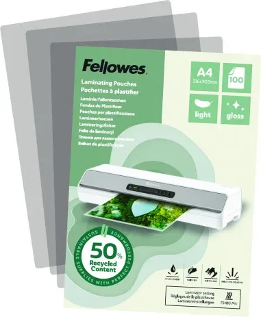 Pack 100 Fundas de Plastificar Recicladas Brillo A4 Fellowes 100142987