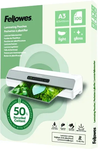 Pack 100 Fundas de Plastificar Recicladas Brillo A3 Fellowes 100142988