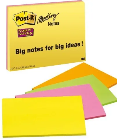 Pack 4 Blocs 45 Hojas Notas Grandes Adhesivas 203X152Mm Super Sticky Colores Surtidos Neón 6845-Ssp Post-It 7100234637