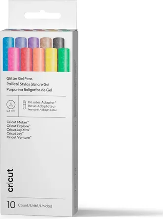 Cricut Bolígrafos de Gel con Purpurina  de 0,8 Mm, Gama Rainbow (10 Uds.) + Adaptador