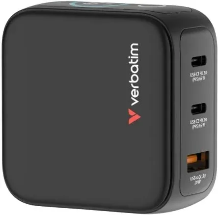 Cargador de Pared Universal GaN para Viaje Verbatim Mini GaN Charger Con Pantalla/ 2xUSB Tipo-C/ 1xUSB/ 65W