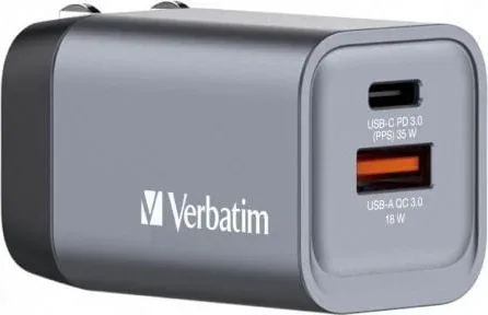 Cargador de Pared Universal GaN para Viaje Verbatim GNC-35/ 1xUSB Tipo-C/ 1xUSB/ 35W