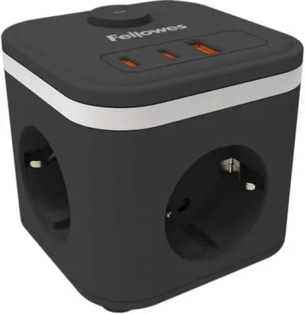 Regleta con Interruptor Fellowes/ 3 Tomas de corriente/ 1 USB - 2 USB Tipo-C/ Cable 2m/ Negra